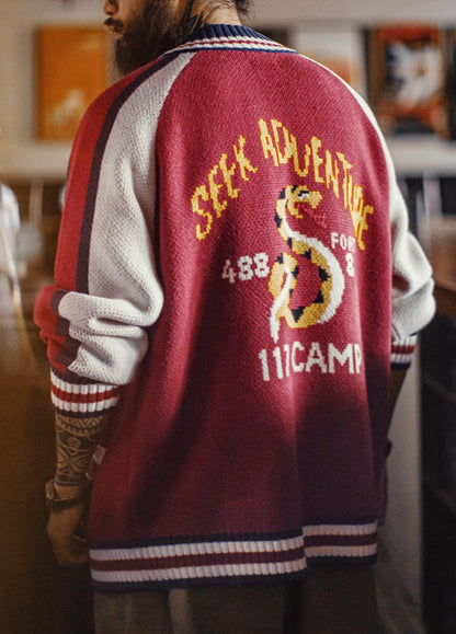 American Python Red Woolen Drape Cardigan Jacquard Keep Warm Men's Jacket - Harmony Gallery