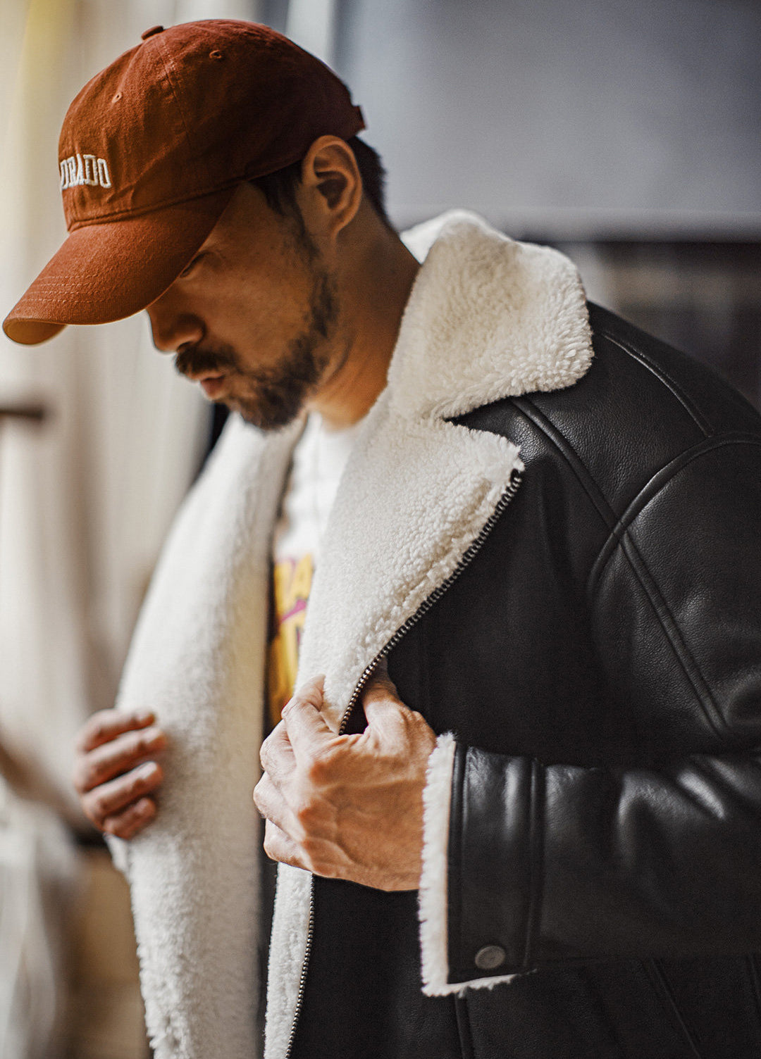 American G1 Flight Bomber Faux Textured Lambswool Lychee Leather Men's Jacket