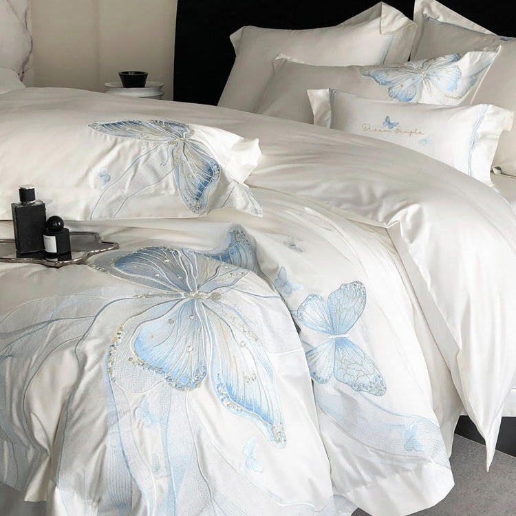 Light Luxury Cotton Exquisite Butterfly Embroidered Four-Piece Bed Set