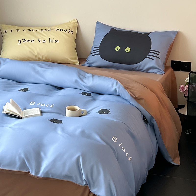 Cartoon Black Cat Pure Cotton Skin-Friendly Four-Piece Bed Set