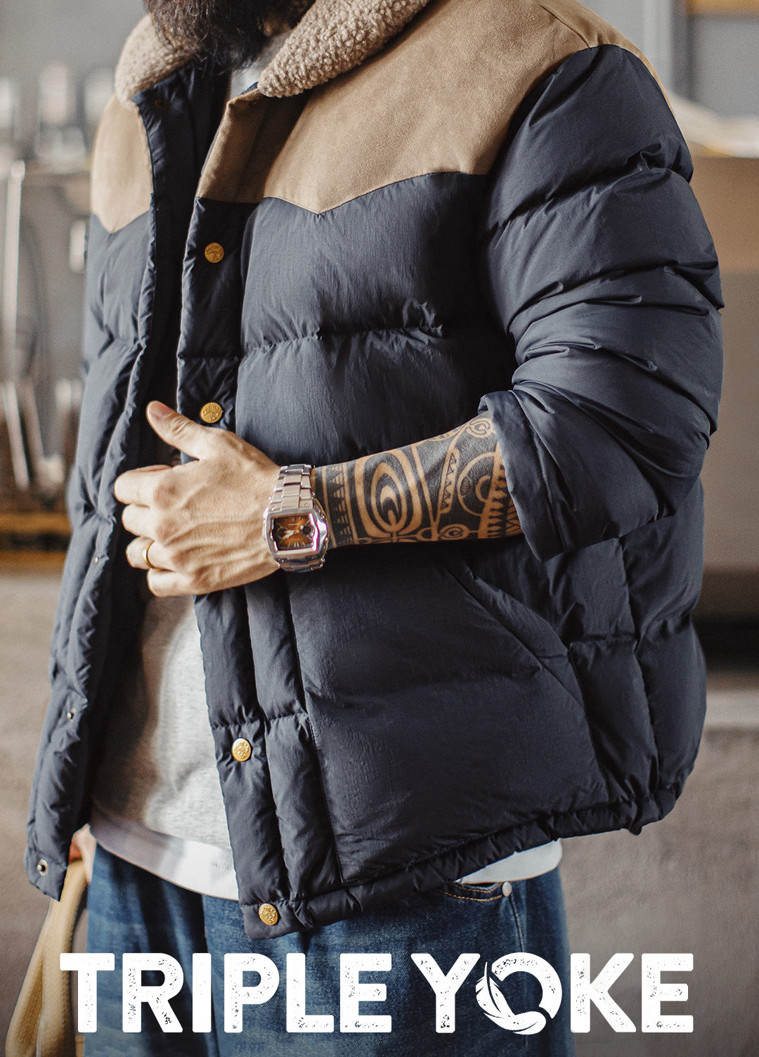 American Retro Color Block Fleece Collar Keep Warm Leisure Men's Jacket