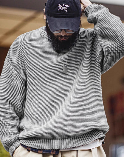 American Retro Heavy Texture Knitted Drop Shoulder Pullover Men's Sweater