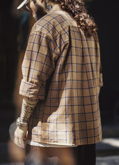 American Retro Plaid Thin Long-Sleeved Pure Cotton Brown Men's Shirt - Harmony Gallery