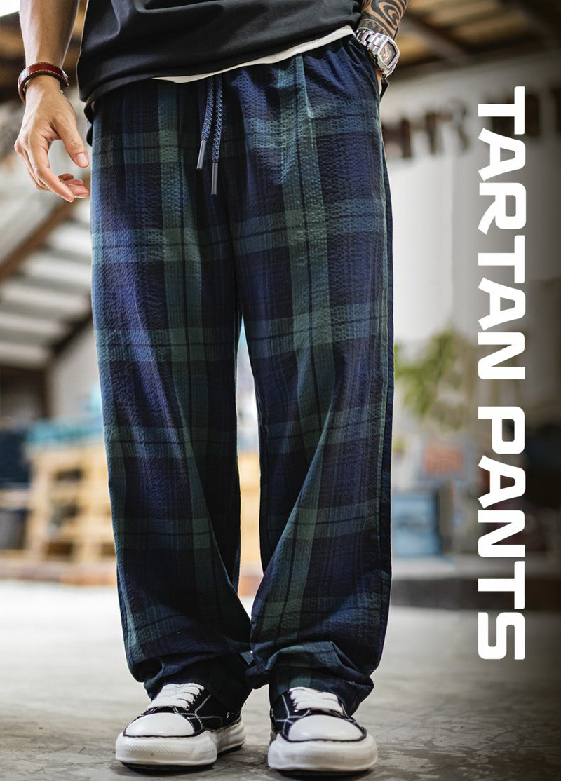 American Retro Casual Scottish Plaid Seersucker Textured Men's Trousers - Harmony Gallery