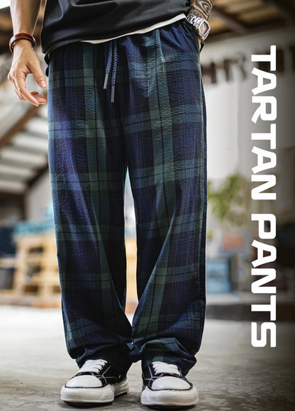 American Retro Casual Scottish Plaid Seersucker Textured Men's Trousers - Harmony Gallery
