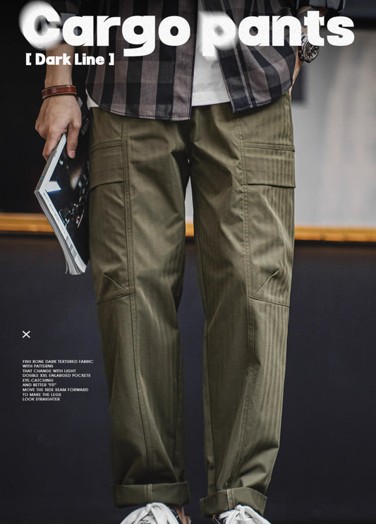 American Retro Multi-Pocket Herringbone Vibe Men's Trousers