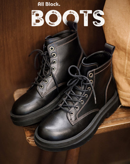 American Retro Work Black Mid-Top Thick-Soled Brogue Men's Boot