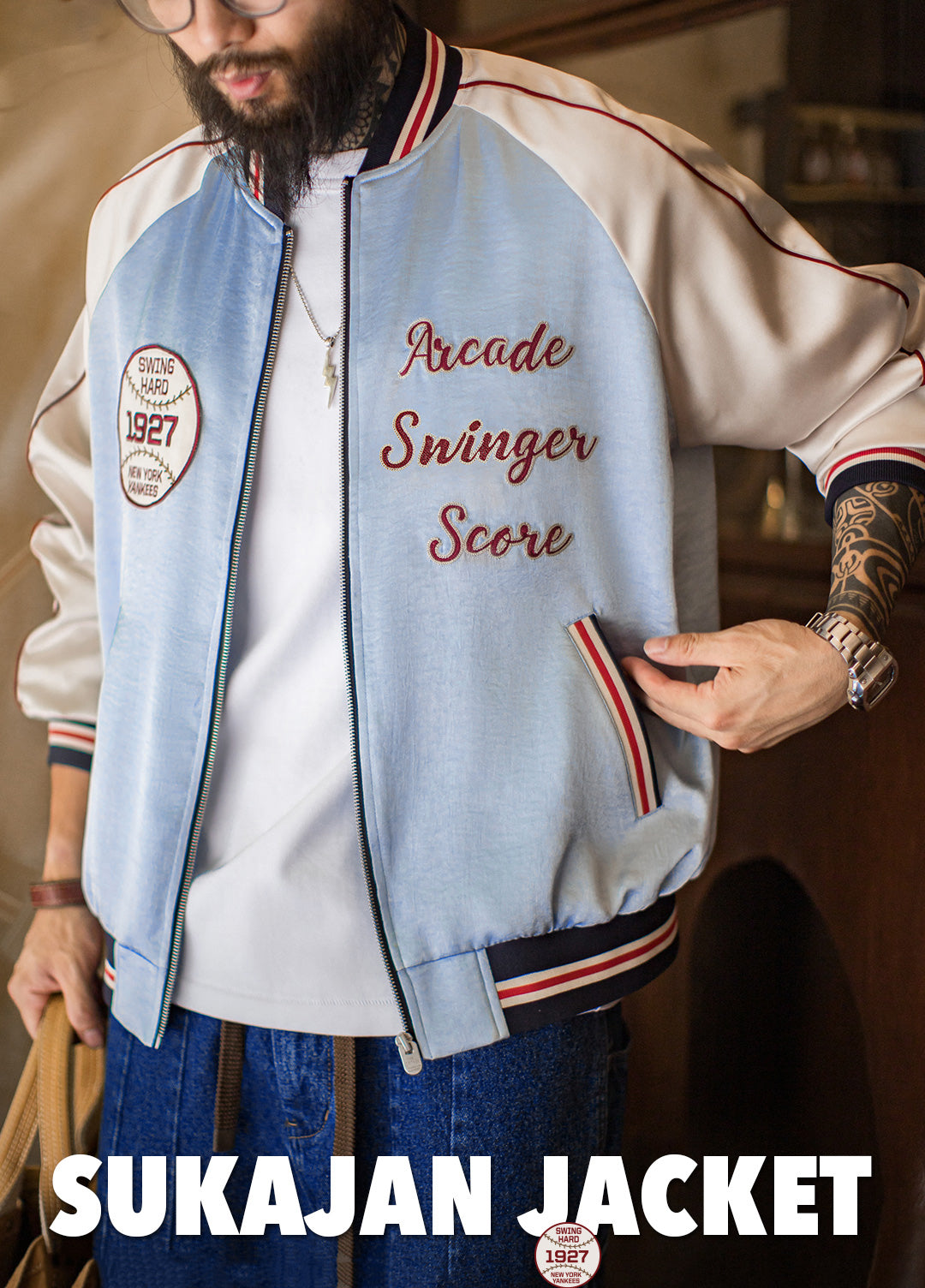 American Cloud And Water Color Embroidery Baseball Handsome Satin Men's Jacket - Harmony Gallery