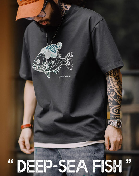 American Retro Deep Sea Fish Flocking Print Animal Men's T-Shirt