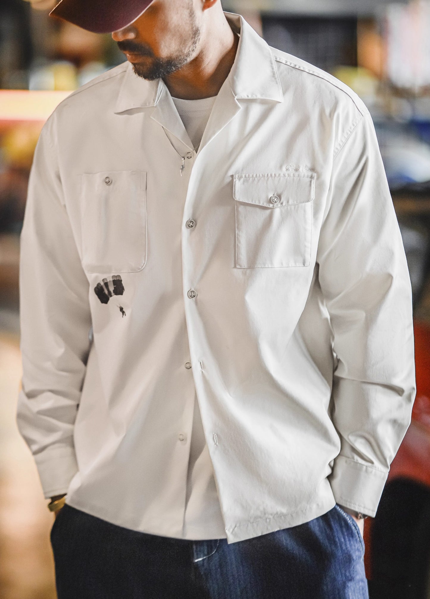 American Retro Print Cuban Collar Long Sleeve Oversized Silhouette Men's Shirt - Harmony Gallery