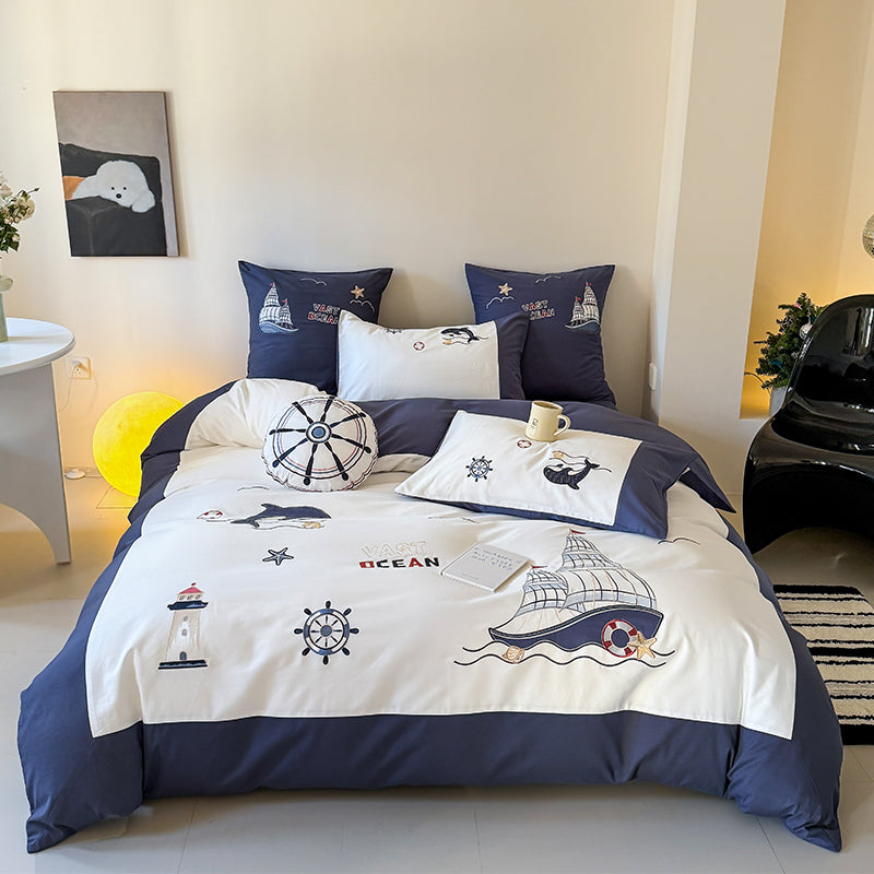 Cute Cartoon Brushed Boy Embroidered Pure Cotton Four-Piece Bed Set