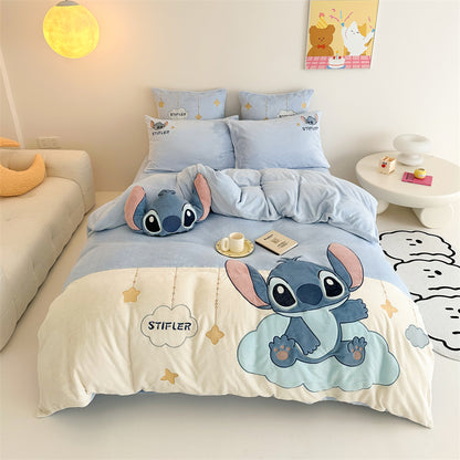 Cartoon Stitch Milk Velvet Winter Heat Storage Four-Piece Bed Set