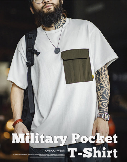 Camiseta masculina americana retrô M51 com costura de bolso e algodão dividido