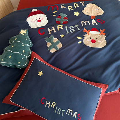 Winter Santa Claus Thickened All-Cotton Brushed Warm Four-Piece Bed Set
