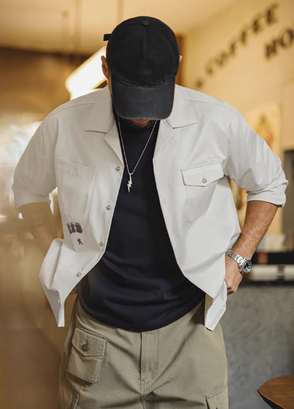 American Retro Print Cuban Collar Long Sleeve Oversized Silhouette Men's Shirt - Harmony Gallery