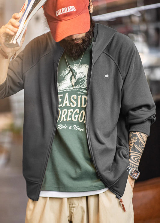 American Casual Hooded Raglan Sleeve Cardigan Long-Sleeved Men's Jacket - Harmony Gallery