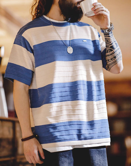 American Retro Contrast Color Striped Knitted Draped Men's T-Shirt - Harmony Gallery