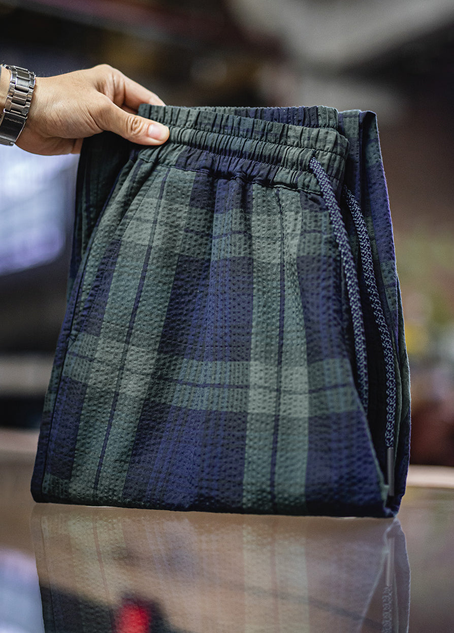 American Retro Casual Scottish Plaid Seersucker Textured Men's Trousers - Harmony Gallery
