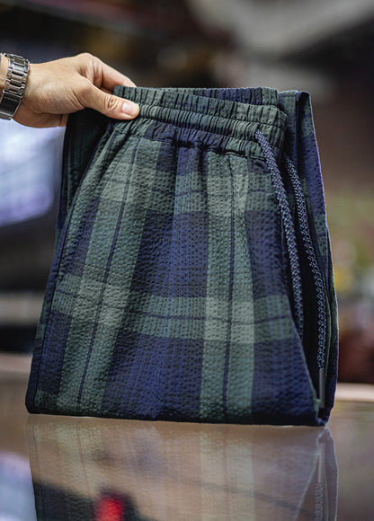 American Retro Casual Scottish Plaid Seersucker Textured Men's Trousers - Harmony Gallery