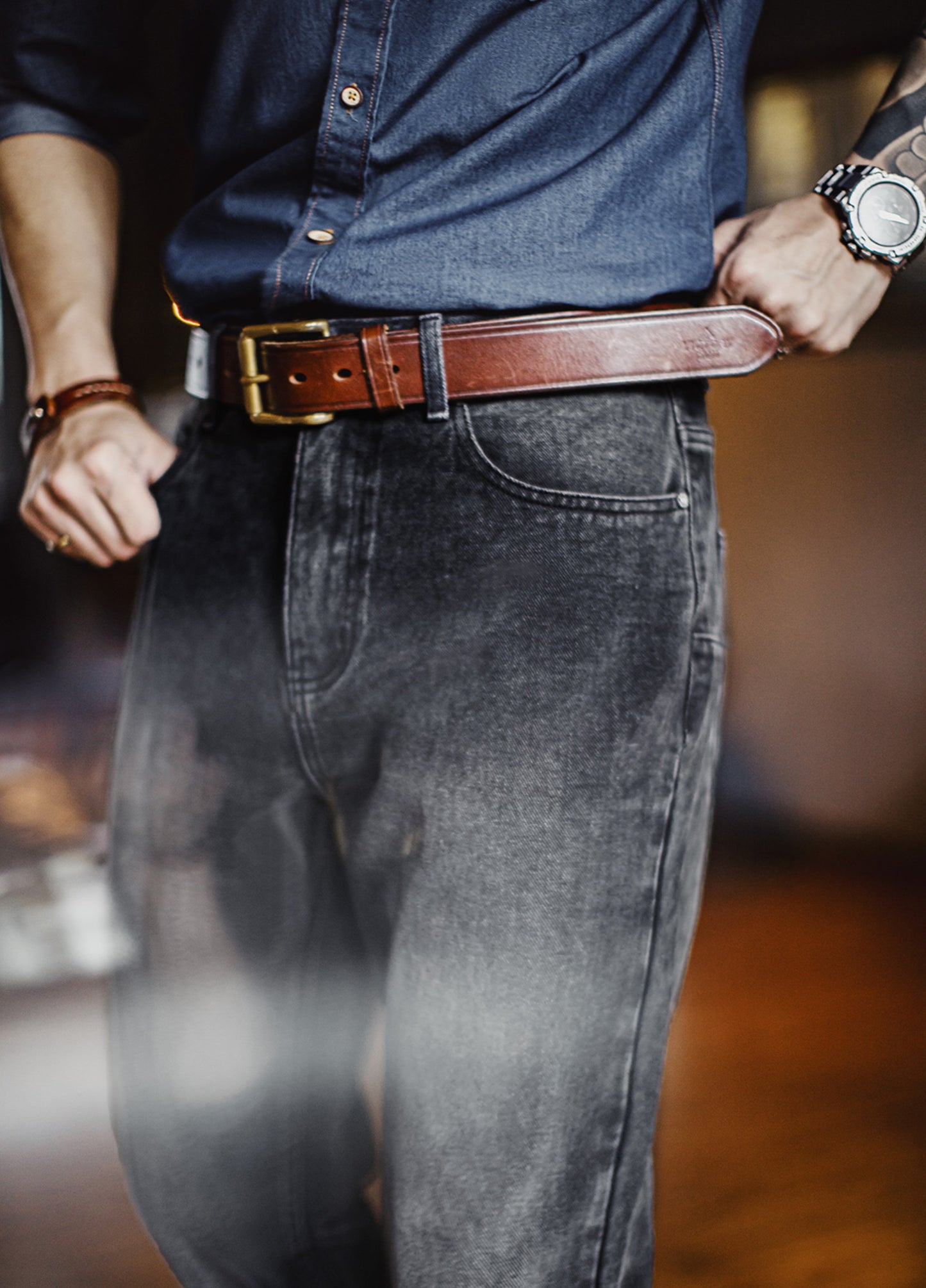 American Casual Washed Distressed Straight Slightly Tapered Carrot Men's Jeans - Harmony Gallery