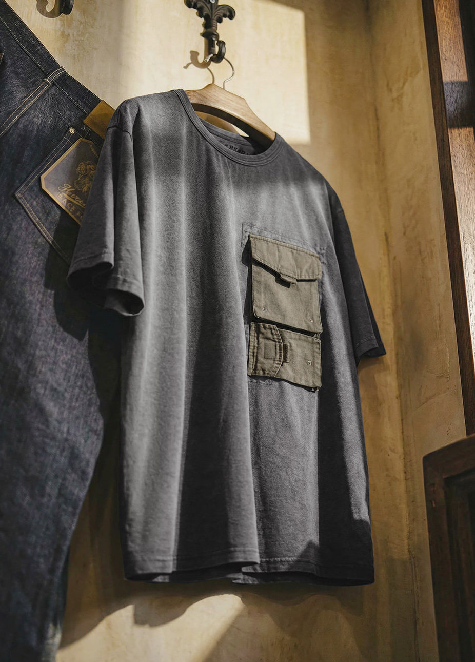 American Retro Distressed Printed Pocket Washed Pure Cotton Men's T-Shirt