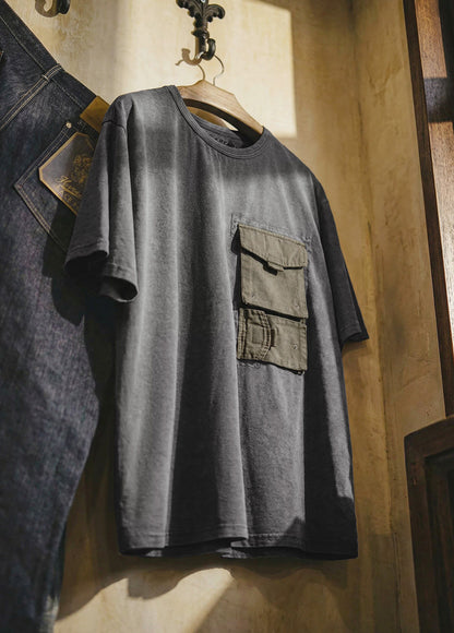 American Retro Distressed Printed Pocket Washed Pure Cotton Men's T-Shirt