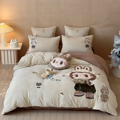 Cool Bear Cartoon Coral Fleece Warm Double-Sided Thick Four-Piece Bed Set