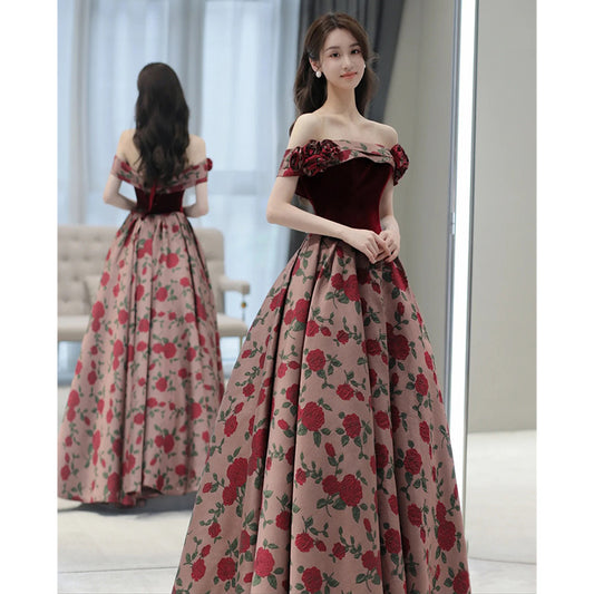 Vintage Rose Pattern Off-Shoulder Velvet Evening Gown