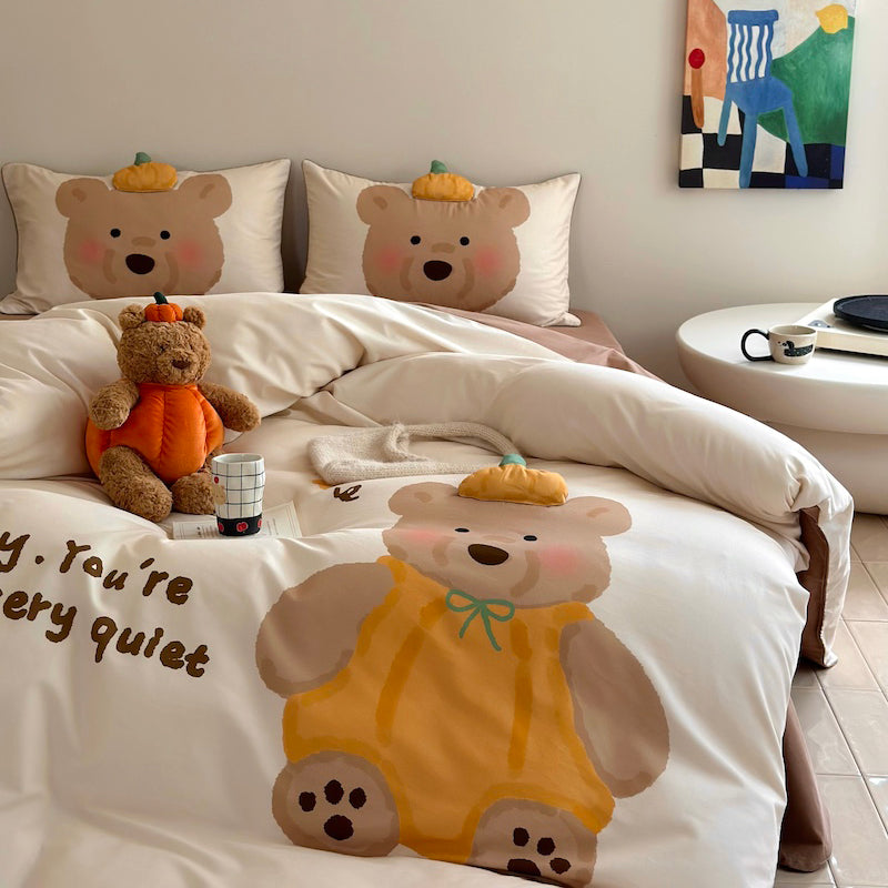 Cartoon Pumpkin Bear Fall And Winter Warm Cotton Sanded Four-Piece Bed Set - Harmony Gallery