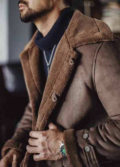 American Retro B7 Suede Parka Mid-Length Faux Lambswool Thickened Men's Coat