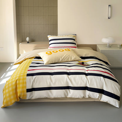 노르딕 심플 대비 줄무늬 4피스 새틴 퓨어 코튼 침대 세트