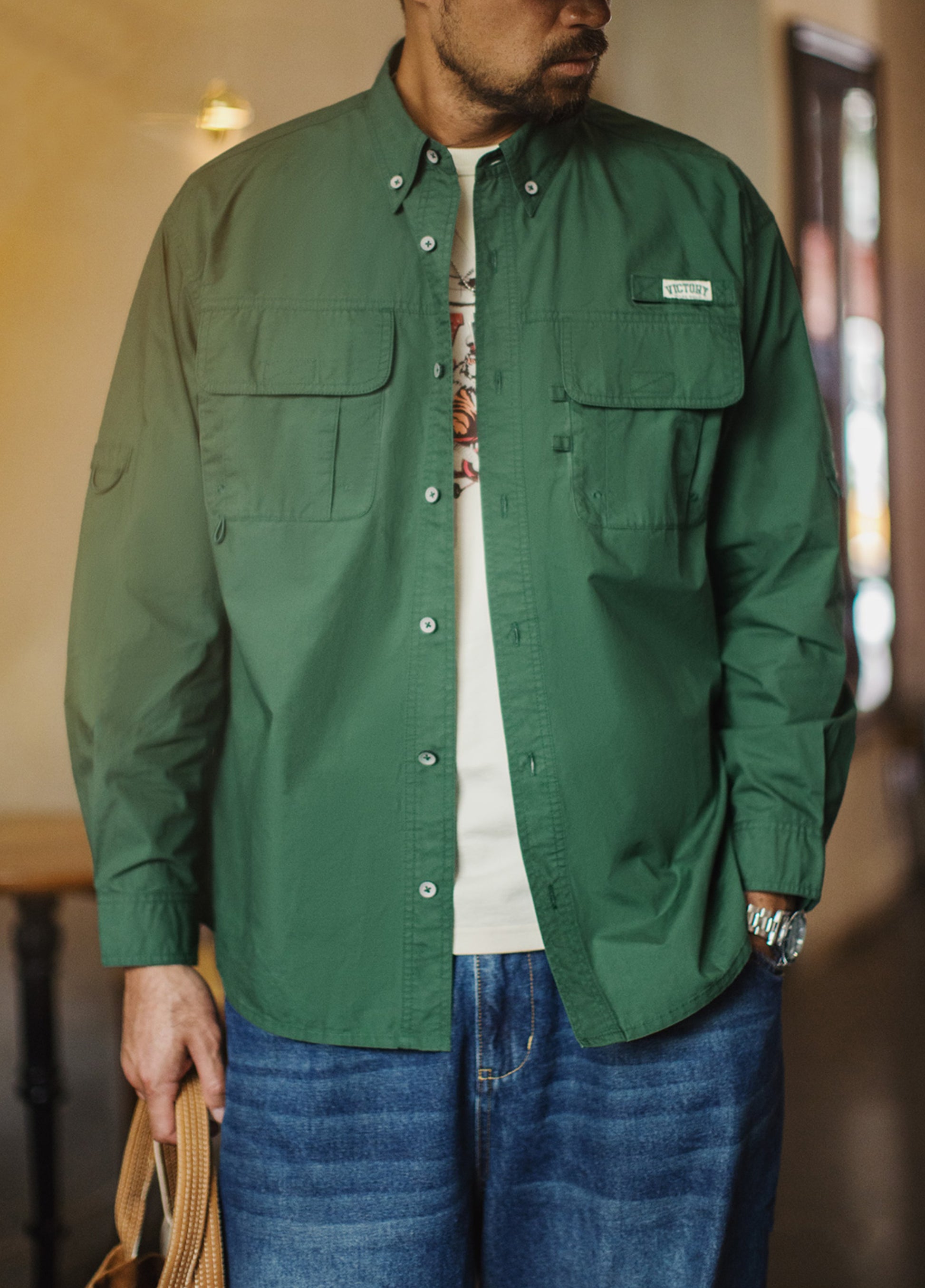 American Retro Multi-Pocket Green No Bullet  Layered Thin Men's Shirt - Harmony Gallery