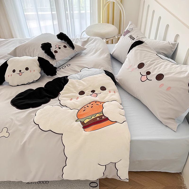 Cartoon Foodie Dog With Long Ears Washed Cotton Four-Piece Bed Set - Harmony Gallery