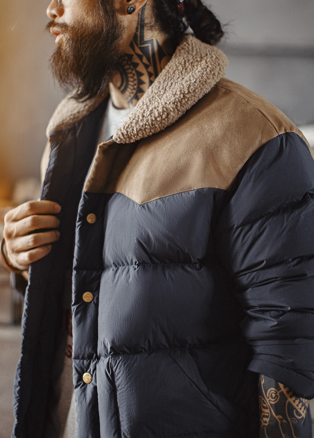 American Retro Color Block Fleece Collar Keep Warm Leisure Men's Jacket