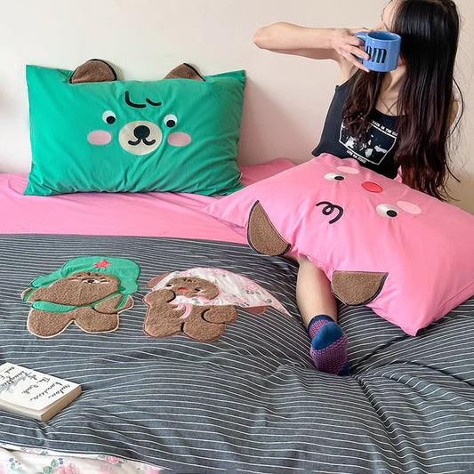 Cute Cartoon Creative Contrasting Color Washed Four-Piece Cotton Bed Set - Harmony Gallery