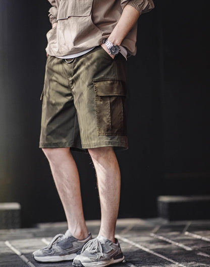 American Retro Spliced Big Pocket Textured Herringbone Men's Shorts - Harmony Gallery
