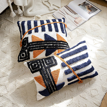 Artisanal Abstract Geometric Navy and Orange Throw Pillow
