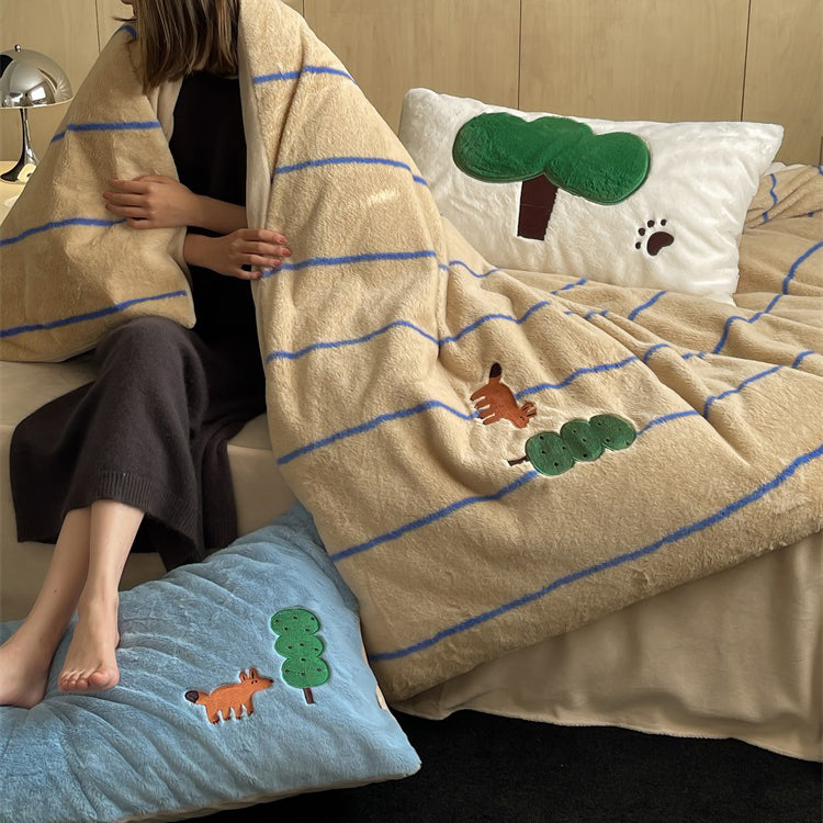 Winter Wool Forest Fox Thickened Rabbit Warm Four-Piece Bed Set