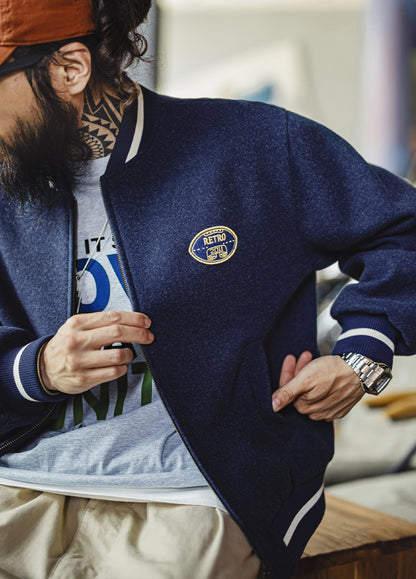 American Retro Blue Knit Baseball With Embroidered Daily Men's Jacket - Harmony Gallery