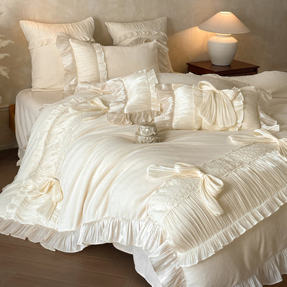 French Bow Knot Thickened And Warm Double-Sided Plush Four-Piece Bed Set