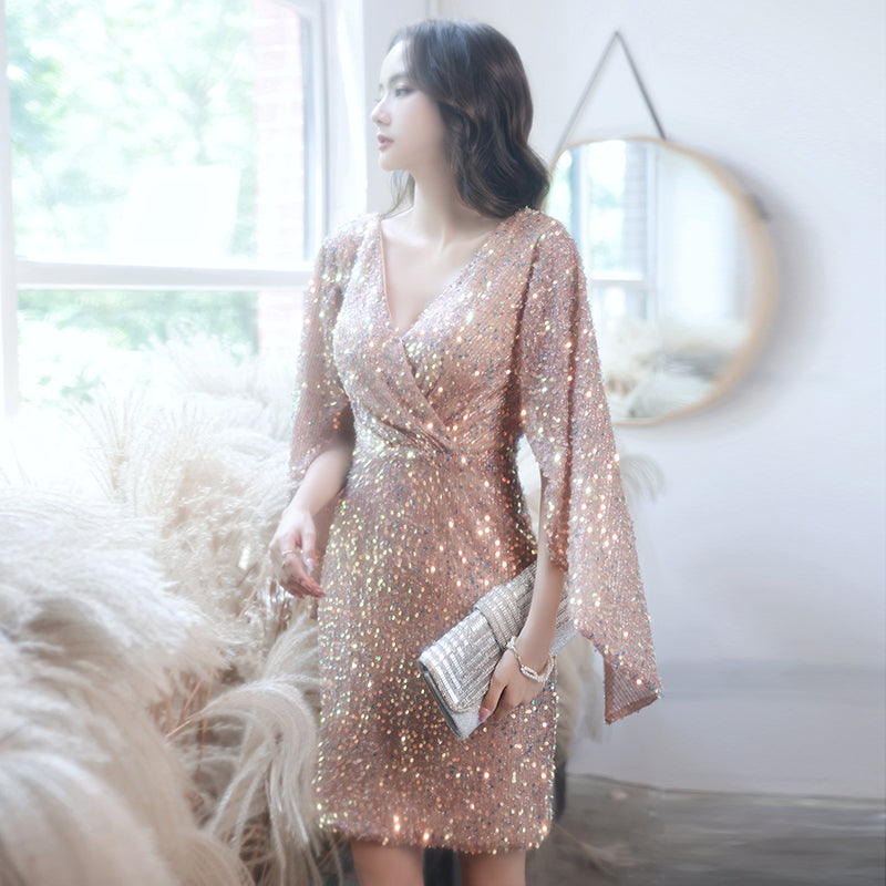 Stunning Rose Gold Sequin Mini Dress with Dramatic Cape Sleeves - Harmony Gallery
