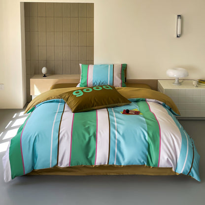 Set de pat din patru piese din bumbac pur satinat cu dungi nordice simple contrastante