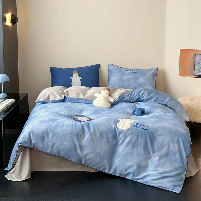 Cartoon Cute Blue Snowman Pure Cotton Skin-Friendly Four-Piece Bed Set