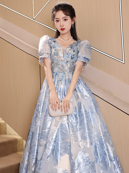 Elegant Blue Floral Embroidered Princess Ball Gown Dress with Puff Sleeves and Beaded Details - Harmony Gallery