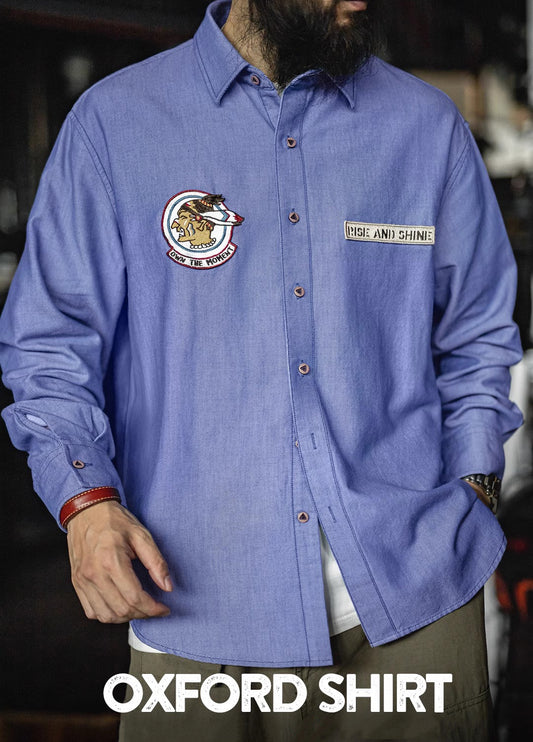 American Casual Oxford Long-Sleeved Blue Pure Cotton Cloth Men's Shirt - Harmony Gallery