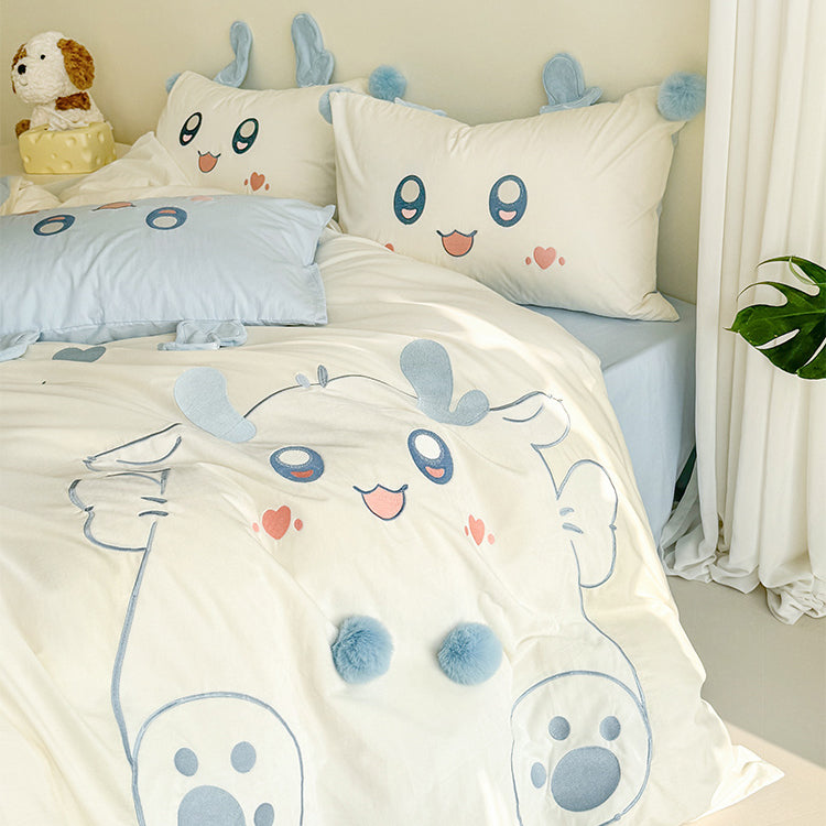 Cartoon Cute Little Fat Dragon Pure Cotton Washed Four-Piece Bed Set