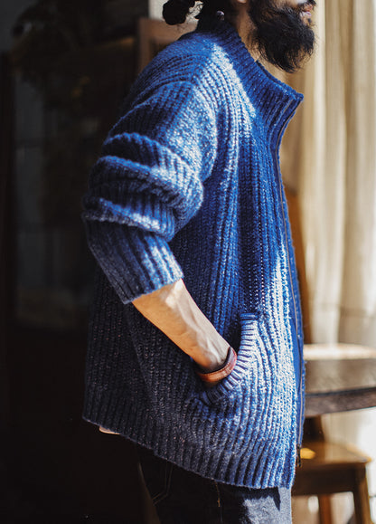 American Ice Blue Cardigan Thick High Neck Warm Knitwear Winter Men's Jacket