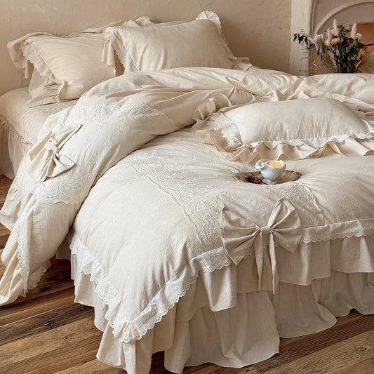 French Retro Romantic Cotton And Linen Blend Four-Piece Lace Trim Bow Bed Set