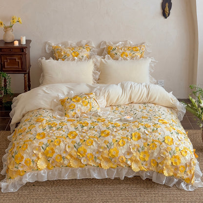 French Ruffled Winter Thickened Coral Fleece Warm Four-Piece  Bed Set