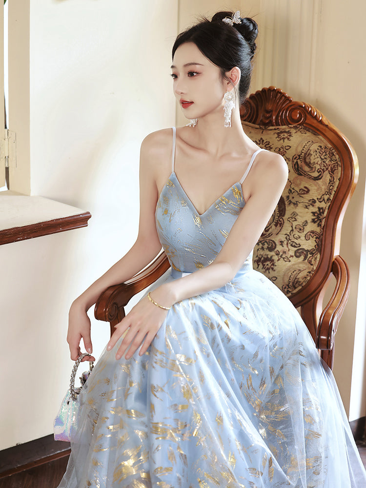 Charming Blue and Gold Spaghetti Strap A-Line Evening Gown with Tulle Skirt - Harmony Gallery